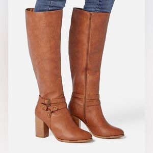 JUSTFAB | Ariel Heeled Harness Brown Faux Leather Boots